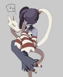 Rule 34 | 1girl, detached collar, detached sleeves, dress, grey background, hair over one eye, iii (artist), leviathan (skullgirls), long sleeves, looking at viewer, musical note, open mouth, red eyes, side ponytail, sitting, skullgirls, smile, solo, squigly (skullgirls), stitched mouth, stitches, striped legwear, zombie