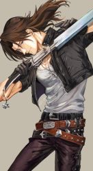 Rule 34 | 1boy, absurdres, belt, black gloves, black jacket, black pants, blue eyes, brown hair, chain, chain necklace, cowboy shot, cropped jacket, earrings, final fantasy, final fantasy viii, gloves, grey background, gunblade, highres, holding, holding weapon, jacket, jewelry, kingdom hearts, leather, leather jacket, leather pants, long hair, male focus, multiple belts, necklace, pants, parted bangs, scar, scar on face, scar on forehead, shio ga, shirt, short sleeves, single earring, solo, squall leonhart, studded belt, twintails, weapon, white shirt