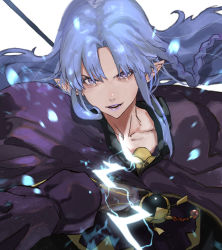 Rule 34 | 1girl, braid, medea (fate), collarbone, dutch angle, fate/grand order, fate (series), kdm (ke dama), lightning bolt symbol, lipstick, long hair, looking at viewer, makeup, open mouth, pointy ears, purple eyes, purple hair, purple lips, side braid, solo, white background