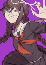 Rule 34 | 1girl, black shirt, black skirt, braid, clenched teeth, danganronpa: trigger happy havoc, danganronpa (series), fukawa toko, glasses, grey sailor collar, hand up, highres, holding, holding scissors, long hair, long sleeves, mole, mole under mouth, neckerchief, pleated skirt, purple background, red neckerchief, round eyewear, sailor collar, scissors, shindyushiyou, shirt, simple background, skirt, solo, teeth, twin braids, twintails