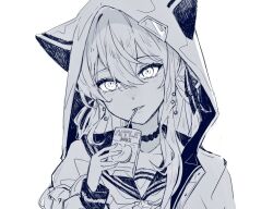 1girl animal_hood apple_juice blue_hair book cat_hood choker collarbone commentary hair_between_eyes hashtag-only_commentary holding holding_book holding_juice_box hololive hood hood_up hoshimachi_suisei hoshimachi_suisei_(school_uniform) jacket juice juice_box kyrl long_hair looking_at_viewer monochrome official_alternate_costume official_alternate_hair_length official_alternate_hairstyle open_mouth school_uniform simple_background solo upper_body virtual_youtuber white_background