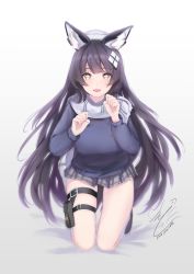 Rule 34 | 1girl, animal ear fluff, animal ears, bed sheet, black hair, blue sweater, breasts, brown footwear, cat ears, commentary request, girls&#039; frontline, grey skirt, hair ornament, hat, highres, kneehighs, kneeling, long hair, long sleeves, looking at viewer, official alternate costume, open mouth, pixiv id, plaid, plaid skirt, pleated skirt, scarf, shoes, signature, skindentation, skirt, small breasts, socks, solo, star (symbol), sweater, teratsuki, type 95 (girls&#039; frontline), type 95 (pure white graduation) (girls&#039; frontline), very long hair, white hat, white scarf, white socks, yellow eyes