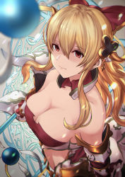 Rule 34 | 1girl, blonde hair, bow, breasts, cleavage, detached sleeves, empty eyes, from above, granblue fantasy, haido (ryuuno kanzume), hair bow, highres, holding, holding weapon, large breasts, midriff, red eyes, solo, vira (granblue fantasy), weapon