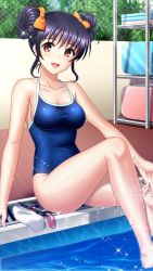 Rule 34 | 1girl, :d, barefoot, black hair, blue one-piece swimsuit, bow, breasts, cleavage, collarbone, competition school swimsuit, day, double bun, doukyuusei 2, doukyuusei another world, game cg, hair bow, hair bun, halterneck, looking at viewer, medium breasts, narusawa yui, official art, one-piece swimsuit, open mouth, orange bow, outdoors, poolside, red eyes, school swimsuit, shiny skin, sideboob, sitting, smile, soaking feet, solo, swimsuit