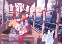 Rule 34 | 1girl, bf. (sogogiching), boots, brown eyes, brown hair, covered mouth, cross-laced footwear, hair ornament, lace-up boots, looking at viewer, original, red scarf, scarf, sitting, skirt, snowflake hair ornament, snowman, solo