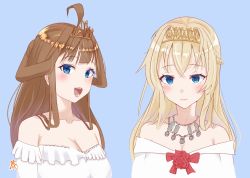 Rule 34 | ahoge, alternate costume, alternate hairstyle, bare shoulders, blonde hair, blue background, blue eyes, braid, breasts, brown hair, cleavage, commentary request, dress, flower, french braid, hair bun, jewelry, kantai collection, kongou (kancolle), long hair, medium breasts, necklace, off-shoulder dress, off shoulder, red flower, red ribbon, red rose, ribbon, rose, sakurai nana (moshichi), simple background, tiara, upper body, warspite (kancolle), white dress