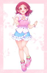 Rule 34 | 1girl, :d, absurdres, arakawa tarou, blouse, blue skirt, blush, border, bracelet, camisole, commentary request, cross-laced footwear, floral background, frilled skirt, frilled sleeves, frills, full body, hair ornament, hairclip, highres, hugtto! precure, jewelry, long hair, looking at viewer, miniskirt, nono hana, open mouth, pink border, pink eyes, pink footwear, pink hair, pink shirt, precure, puffy short sleeves, puffy sleeves, reaching, reaching towards viewer, shirt, shoes, short sleeves, skirt, smile, sneakers, solo, standing, white shirt