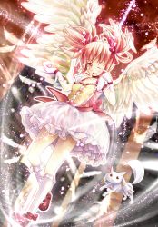 Rule 34 | 10s, 1girl, :3, angel wings, arms up, bad id, bad pixiv id, bubble skirt, choker, feathers, gloves, hair ribbon, highres, kaname madoka, kyubey, lights, magical girl, mahou shoujo madoka magica, mahou shoujo madoka magica (anime), myage, one eye closed, open mouth, pink eyes, pink hair, red eyes, ribbon, shirt, skirt, smile, soul gem, tears, twintails, white gloves, wings, wink, wiping tears, yunagram (myage)