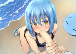Rule 34 | 1boy, 1girl, 1other, beach, black shirt, blue footwear, blue hair, blush, breasts, censored, embarrassed, eyebrows, eyelashes, fellatio, foot out of frame, from above, genderswap, genderswap (otf), hand on another&#039;s stomach, handjob, hetero, kneeling, leaning forward, light blue hair, long hair, looking at another, monster girl, mosaic censoring, nipples, nose blush, oral, outdoors, panbai, petite, rimuru tempest, sand, sandals, shirt, sleeveless, sleeveless shirt, slime (creature), slime girl, small breasts, tensei shitara slime datta ken, toes, water, yellow eyes