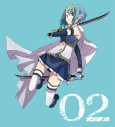 Rule 34 | 10s, blue eyes, blue hair, buzz (moi), cape, dual wielding, full body, holding, magical girl, mahou shoujo madoka magica, mahou shoujo madoka magica (anime), miki sayaka, short hair, simple background, solo, sword, thighhighs, weapon, white thighhighs, zettai ryouiki