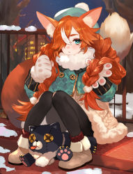 Rule 34 | 1girl, absurdres, animal ear fluff, animal ears, animal hands, beret, black pantyhose, blue eyes, boots, braid, brown footwear, brown hair, button eyes, buttons, commentary request, dress, fur-trimmed boots, fur-trimmed dress, fur-trimmed gloves, fur trim, gloves, green hat, green jacket, hair over one eye, hat, highres, jacket, knees together feet apart, knees up, long hair, long sleeves, looking at viewer, mole, mole under eye, nima (niru54), original, pantyhose, parted lips, paw gloves, red socks, ribbed legwear, sitting, socks, socks over pantyhose, solo, stuffed animal, stuffed toy, tail, thick eyebrows, twin braids, very long hair, white dress, white gloves, x x