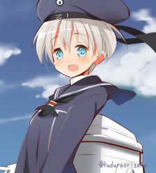 Rule 34 | 10s, 1girl, 9law, :d, aqua eyes, bad id, bad pixiv id, blonde hair, blush, clothes writing, cloud, day, hat, kantai collection, looking at viewer, open mouth, sailor collar, short hair, sky, smile, solo, twitter username, z1 leberecht maass (kancolle)