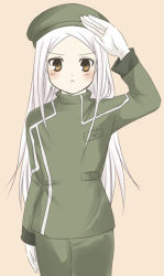 Rule 34 | 00s, 1girl, arm up, beret, blush, female focus, gundam, gundam 00, hat, long sleeves, looking at viewer, military, military uniform, salute, simple background, solo, soma peries, uniform, white hair