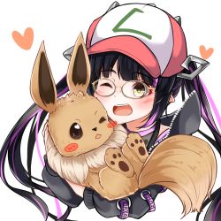 Rule 34 | 1girl, baseball cap, bespectacled, black hair, black jacket, black shirt, blunt bangs, blush, brown-framed eyewear, commentary request, creatures (company), dameyoshi, demon girl, demon horns, eevee, game freak, gen 1 pokemon, glasses, hat, heart, highres, holding, holding pokemon, horns, jacket, kojo anna, kojo anna (1st costume), long hair, looking at viewer, multicolored hair, nanashi inc., nintendo, one eye closed, open clothes, open jacket, open mouth, pointy ears, pokemon, pokemon (creature), shirt, simple background, sleeveless, sleeveless shirt, smile, sugar lyric, twintails, two-tone hair, upper body, virtual youtuber, white background, yellow eyes, zipper