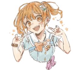 Rule 34 | 1girl, blush, flower, goda shia, hair flower, hair ornament, hand up, head tilt, highres, idoly pride, kawasaki sakura (idoly pride), looking at viewer, open mouth, orange hair, pointing, pointing at self, ribbon, short hair, short sleeves, simple background, smile, solo, teeth, twintails, upper body, upper teeth only, wristband
