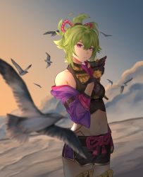 Rule 34 | 1girl, bare shoulders, bird, black gloves, black shorts, blurry, blurry foreground, body markings, breasts, closed mouth, cloud, cowboy shot, crop top, cropped jacket, expressionless, fffuzzybrain, fishnets, genshin impact, gloves, green hair, highres, holding, holding mask, kuki shinobu, looking at viewer, mask, unworn mask, medium breasts, midriff, mouth mask, navel, outdoors, partially fingerless gloves, ponytail, purple eyes, rope, shimenawa, short shorts, shorts, sky, solo, standing, stomach, thighhighs, thighs, zettai ryouiki