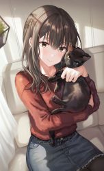 Rule 34 | 1girl, absurdres, animal, animal hug, bad id, bad pixiv id, black cat, black pantyhose, blue skirt, blush, breasts, brown eyes, brown hair, cat, closed mouth, collarbone, couch, denim, denim skirt, hair ornament, hairclip, highres, holding, holding animal, holding cat, huge filesize, indoors, long hair, long sleeves, looking at viewer, medium breasts, original, pantyhose, red sweater, sitting, skirt, smile, solo, sweater, tokkyu