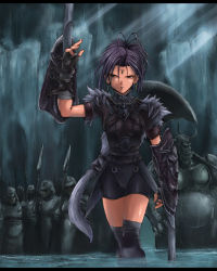 Rule 34 | 1girl, armor, dark, helmet, kaiga, polearm, purple hair, shield, solo, spear, thighhighs, warrior, weapon