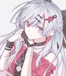 Rule 34 | 1girl, bandaged wrist, bandages, black bow, black collar, black gloves, black necktie, bow, close-up, collar, ear piercing, earrings, fingerless gloves, gloves, gradient hair, grey eyes, grey hair, hair bow, hair ornament, hairclip, heterochromia, highres, ishigami nozomi, jewelry, long hair, looking at viewer, multicolored hair, nail polish, namayake taro, necktie, nijisanji, off shoulder, open mouth, pantyhose, piercing, polka dot, polka dot bow, red eyes, red hair, red nails, red shirt, shirt, simple background, single glove, solo, spiked collar, spikes, strapless, streaked hair, tube top, virtual youtuber, wax seal, wax seal hair ornament, white background, white hair