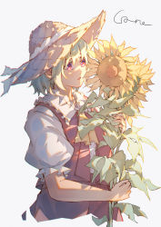 Rule 34 | 1girl, absurdres, ascot, collared shirt, commentary, cropped torso, eyebrows hidden by hair, flower, frilled shirt collar, frills, green hair, hand up, hat, hat ribbon, highres, holding, holding flower, kazami yuuka, leaf, light blush, looking at flowers, parted lips, puffy short sleeves, puffy sleeves, qizhongji, red eyes, red skirt, red vest, ribbon, shirt, short hair, short sleeves, signature, simple background, skirt, skirt set, solo, straw hat, sunflower, touhou, vest, white background, white ribbon, white shirt, yellow ascot