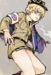 Rule 34 | 10s, 1girl, absurdres, armband, asparagus (girls und panzer), blonde hair, blue eyes, cape, girls und panzer, girls und panzer ribbon no musha, hat, highres, hiranko, kepi, looking at viewer, looking down, military, military hat, military uniform, necktie, pleated skirt, ringed eyes, short hair, simple background, sketch, skirt, smirk, solo, uniform