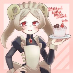 Rule 34 | 1girl, apron, birthday, bloody marie (skullgirls), blush, brooch, cake, food, grey hair, hair ornament, hand on own hip, jewelry, juliet sleeves, long sleeves, maid, maid headdress, open mouth, pink background, puffy sleeves, red eyes, ribs, skull hair ornament, skullgirls, smile, solo, suitti, upper body