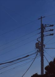 Rule 34 | alu.m (alpcmas), blue sky, commentary request, contrail, evening, highres, no humans, original, outdoors, power lines, scenery, sky, still life, utility pole