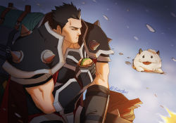 Rule 34 | 1boy, armor, bag, black eyes, black hair, burger, darius (league of legends), eating, falloutbart, food, gloves, horns, league of legends, looking at another, male focus, muscular, muscular male, outdoors, poro (league of legends), short hair, shoulder armor, sitting, snow, snowing, tongue, tongue out, twitter username