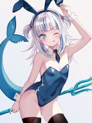 Rule 34 | 1girl, ;p, animal ears, arm up, black thighhighs, blue eyes, blue hair, blue leotard, blue nails, blue necktie, blunt bangs, blush, contrapposto, covered navel, cowboy shot, detached collar, fake animal ears, fingernails, fins, fish tail, flat chest, gawr gura, grey hair, groin, hair ornament, highres, holding, holding polearm, holding weapon, hololive, hololive english, leotard, long fingernails, long hair, multicolored hair, nail polish, necktie, one eye closed, playboy bunny, polearm, rabbit ears, shark girl, shark hair ornament, shark tail, shirase rin, short necktie, sidelocks, simple background, solo, strapless, strapless leotard, streaked hair, tail, tail raised, thighhighs, tongue, tongue out, trident, two side up, v-shaped eyebrows, virtual youtuber, weapon, white background, white wrist cuffs, wrist cuffs