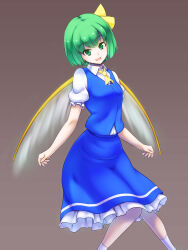 Rule 34 | 1girl, alternate hairstyle, ascot, blue skirt, blue vest, bob cut, collared shirt, commentary, daiyousei, feet out of frame, gradient background, green eyes, green hair, grey background, hair ribbon, highres, kakone, looking at viewer, open mouth, ribbon, shirt, short hair, short sleeves, skirt, socks, solo, touhou, vest, white shirt, white socks, wings, yellow ascot, yellow ribbon