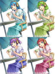Rule 34 | 4girls, :d, ahoge, beach umbrella, blouse, blue eyes, blue hair, book, bow, chair, cup, dress, female focus, floral print, green hair, hair bow, headphones, highres, hisho collection, komase (jkp423), long dress, long hair, low twintails, multiple girls, open book, open mouth, purple hair, reading, red hair, shirt, sitting, smile, teacup, twintails, umbrella, variations, white background