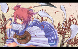 Rule 34 | 1girl, female focus, flower, hair bobbles, hair ornament, hitodama, irie (masaki), irie keisuke (handn), letterboxed, obi, onozuka komachi, open mouth, red eyes, red hair, sash, scythe, short hair, short twintails, solo, spider lily, thighhighs, touhou, twintails, two side up, white thighhighs, wrist cuffs