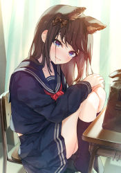 Rule 34 | 1girl, animal ears, bag, black socks, blue eyes, blue sailor collar, blue shirt, blue skirt, blush, bow, brown bow, brown hair, chair, closed mouth, commentary request, curtains, desk, extra ears, from side, hair bow, hands on own knees, highres, indoors, kneehighs, knees up, long hair, long sleeves, looking at viewer, looking to the side, no shoes, on chair, original, own hands together, red neckwear, sailor collar, school bag, school chair, school desk, school uniform, serafuku, shirt, sitting, skirt, smile, socks, solo, swept bangs, syuri22