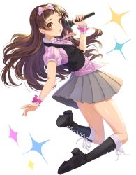 Rule 34 | 10s, 1girl, black footwear, blush, boots, bow, brown eyes, brown hair, commentary request, cross-laced footwear, full body, hair bow, highres, idolmaster, idolmaster million live!, joey koguma, kitazawa shiho, knee boots, lace-up boots, long hair, looking at viewer, microphone, pleated skirt, skirt, smile, solo