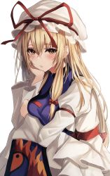 Rule 34 | 1girl, 7saki, blonde hair, blush, bow, breasts, dress, hair between eyes, hair bow, hat, hat ribbon, highres, long hair, long sleeves, looking at viewer, mob cap, parted lips, red ribbon, ribbon, sidelocks, simple background, solo, tabard, touhou, white background, white dress, white hat, wide sleeves, yakumo yukari