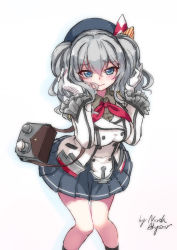 Rule 34 | 10s, 1girl, beret, black legwear, blue eyes, blush, breasts, double-breasted, epaulettes, female focus, gloves, grey hair, hat, highres, kantai collection, kashima (kancolle), large breasts, long hair, looking at viewer, military, military uniform, miniskirt, north abyssor, simple background, sketch, skirt, solo, twintails, uniform, wavy hair, white background, white gloves