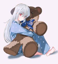 Rule 34 | 1girl, absurdres, barefoot, blue bow, blush, bow, closed mouth, grey background, grey hair, hair between eyes, highres, holding, holding stuffed toy, kurobeko (kur0bek0), long hair, long sleeves, looking at viewer, hugging object, original, pajamas, red eyes, simple background, sitting, solo, stuffed animal, stuffed toy, teddy bear