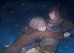 Rule 34 | 2boys, bad id, bad pixiv id, blue hair, coat, gradient background, jacket, male focus, momoyama nozomu, multiple boys, nezumi (no.6), no.6, open mouth, outdoors, red eyes, scarf, shion (no.6), short hair, sky, snow, white hair