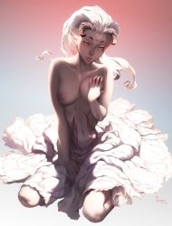 Rule 34 | 1girl, artist name, breasts, commentary, curly hair, feguimel, long skirt, looking at viewer, monster girl, nipples, nude, original, pale skin, grabbing own breast, sitting, skirt, smile, solo, wariza, white hair