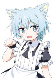 Rule 34 | 1boy, akou roushi, animal ear fluff, animal ears, apron, black dress, blue eyes, blue hair, bow, bowtie, cat ears, collared dress, dress, extra ears, fang, frills, looking at viewer, maid apron, male focus, misskey.io, murakami-san (misskey.io), open mouth, paw pose, puffy short sleeves, puffy sleeves, short hair, short sleeves, simple background, skin fang, solo, trap, white background, white bow, white bowtie, wrist cuffs