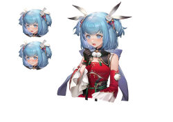 Rule 34 | 1girl, :t, bare shoulders, bekki (vtuber), black gloves, blue eyes, blue hair, blush, bob cut, china dress, chinese clothes, cleavage cutout, clothing cutout, cropped torso, detached sleeves, dress, expressions, frown, gloves, gui mi, hair ornament, hand up, highres, long sleeves, official art, open mouth, rabbit hair ornament, red dress, red sleeves, short hair, sixiwanzi, sleeveless, sleeveless dress, solo, tearing up, two side up, upper body, v-shaped eyebrows, virtual youtuber, white background, wide sleeves