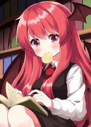 Rule 34 | 1girl, black skirt, black vest, black wings, blush, book, chips (food), collared shirt, commentary request, cowboy shot, demon wings, food, head wings, highres, indoors, koakuma, long hair, long sleeves, looking at viewer, mouth hold, necktie, open book, pink eyes, potato chips, red hair, red necktie, ruu (tksymkw), shirt, sidelocks, sitting, skirt, solo, sweatdrop, touhou, vest, white shirt, wings