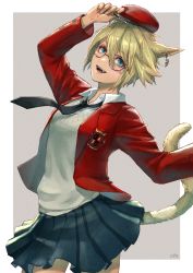 Rule 34 | 1girl, absurdres, animal ears, aqua eyes, arm up, beret, black necktie, blonde hair, blue skirt, border, brown vest, cam (cammero95713700), cat ears, cat girl, cat tail, collared shirt, cowboy shot, earrings, emblem, facial mark, fangs, final fantasy, final fantasy xiv, freckles, glasses, grey background, hair between eyes, hand on headwear, hat, highres, jacket, jewelry, long sleeves, looking at viewer, miqo&#039;te, necktie, open mouth, outside border, outstretched arm, red hat, red jacket, round eyewear, school uniform, shirt, short hair, signature, simple background, skirt, slit pupils, smile, solo, spiked hair, standing, tail, vest, warrior of light (ff14), white border
