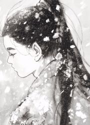 Rule 34 | 1boy, commentary, copyright request, eyelashes, from side, greyscale, hair pulled back, high ponytail, long hair, male focus, monochrome, motion blur, ponytail, portrait, profile, snow on body, snowing, solo, tataka510, wind