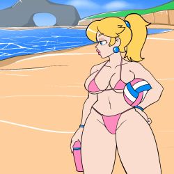 Rule 34 | 1girl, ball, beach, bikini, blonde hair, blue eyes, breasts, cleavage, female focus, hand on own hip, holding, holding ball, large breasts, legs, lipstick, looking to the side, makeup, mario (series), mr. rattle bones, navel, nintendo, ocean, pink bikini, pink lips, ponytail, princess, princess peach, solo, super mario bros. 1, swimsuit, thick thighs, thighs, volleyball (object), water