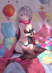 Rule 34 | 1girl, artist request, bed, black panties, black thighhighs, blue eyes, blush, bra, breasts, cleavage, garter straps, hair ornament, hairclip, heterochromia, iri flina, lace, lace-trimmed legwear, lace trim, lingerie, looking at viewer, navel, no eyepatch, hugging object, on bed, panties, pillow, pink eyes, scarf, short hair, silver hair, sitting, solo, stuffed animal, stuffed toy, sword girls, thighhighs, underwear, underwear only