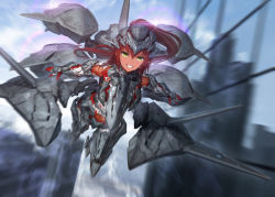 Rule 34 | 1girl, ace combat, ace combat x, aircraft, blue sky, building, city, dark-skinned female, dark skin, day, diffraction spikes, eyebrows, full body, gauntlets, gorget, grin, hair between eyes, helmet, lens flare, long hair, looking at viewer, mecha musume, midair, motion blur, outdoors, personification, red hair, sky, skyscraper, smile, solo, stomach, tom-neko (zamudo akiyuki), yr-302 fregata