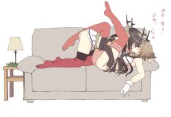 Rule 34 | 10s, 2girls, black hair, brown hair, couch, elbow gloves, closed eyes, female focus, gloves, kantai collection, kiss, legs up, lying, md5 mismatch, multiple girls, mutsu (kancolle), nagato (kancolle), nakadori (movgnsk), on back, red legwear, resized, skirt, thighhighs, white gloves, yuri
