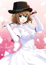 Rule 34 | 1girl, binato lulu, braid, breasts, brown hair, charlotte corday (fate), charlotte corday (third ascension) (fate), dress, fate/grand order, fate (series), flower, green eyes, hat, hat flower, juliet sleeves, knife, large breasts, long dress, long sleeves, puffy sleeves, signature, solo, white dress