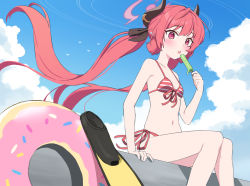 Rule 34 | 1girl, blue archive, blush, breasts, child (isoliya), cleavage, collarbone, food, halo, highres, horns, innertube, junko (blue archive), long hair, looking at viewer, navel, open mouth, popsicle, red eyes, red hair, sitting, sky, small breasts, solo, swim ring, twintails